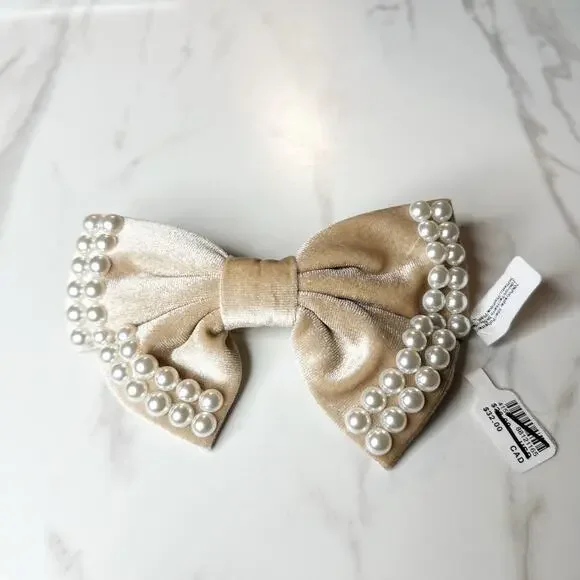 Anthropologie Pearl-Embellished Velvet Hair Bows Barrett Clip NWT Cream Preppy - Picture 2 of 5